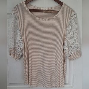 Women's Beige Striped Top with Lace Sleeves